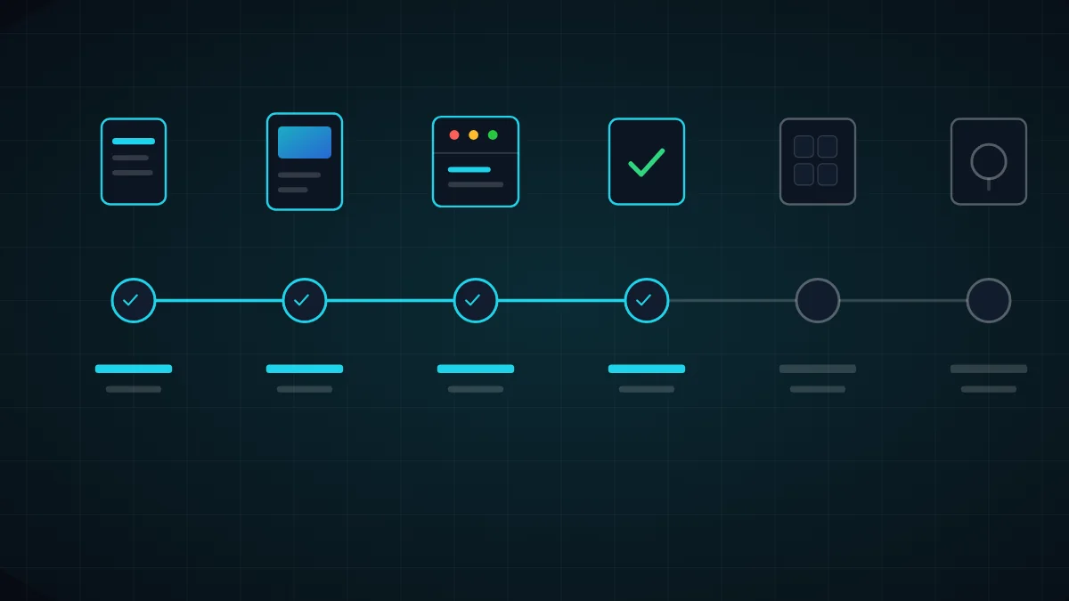 Abstract illustration of the stages of an app project: specification, design, development, testing and store release on one timeline