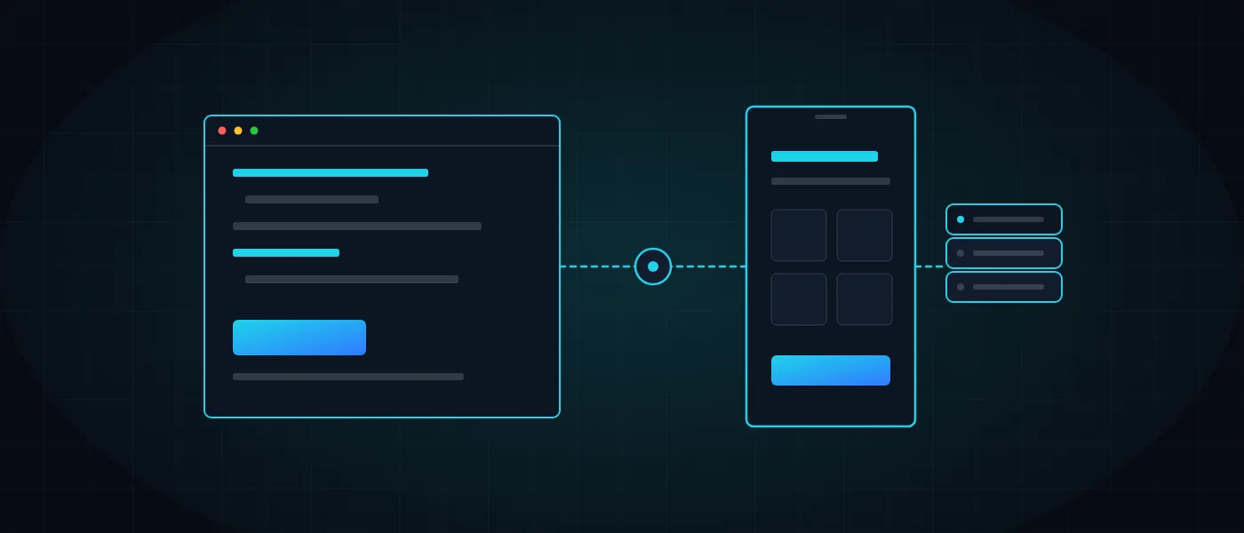 Abstract illustration of a browser window and a phone screen side by side, with dashed lines connecting both to one shared server