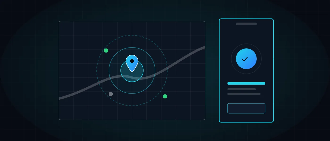 Abstract illustration of a dark map with a circular geofence, location pins and data lines flowing into a dashboard