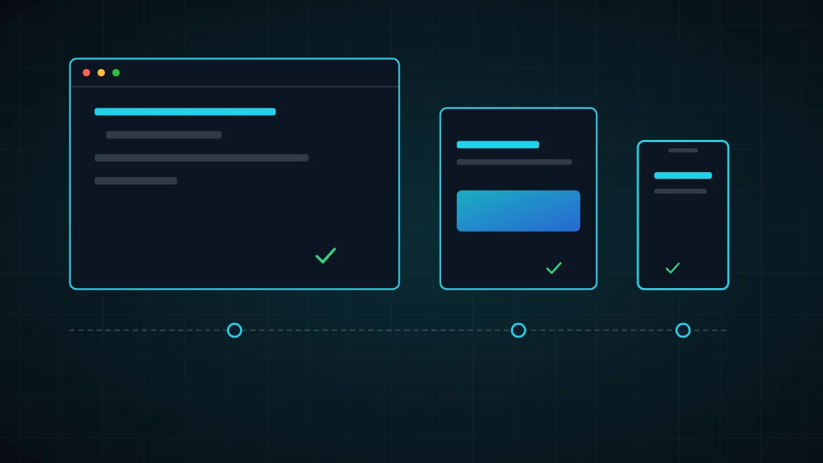Abstract illustration of three device frames of different sizes, a phone, a tablet and a desktop, with check marks