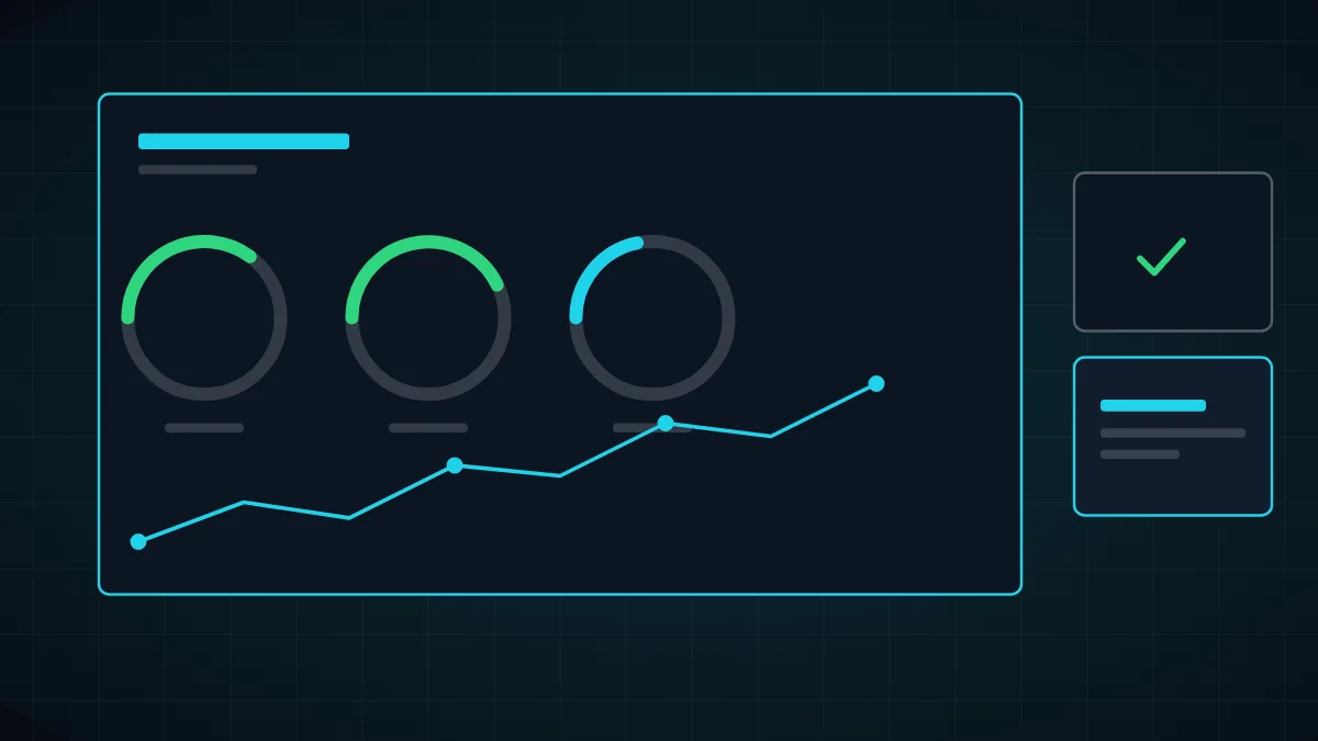 Abstract illustration of a dark dashboard with a rising graph, three gauges and a green check mark
