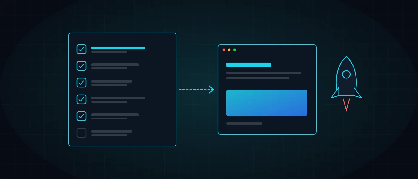 Abstract illustration of a checklist with check marks beside a browser window and a small rocket symbolizing going live
