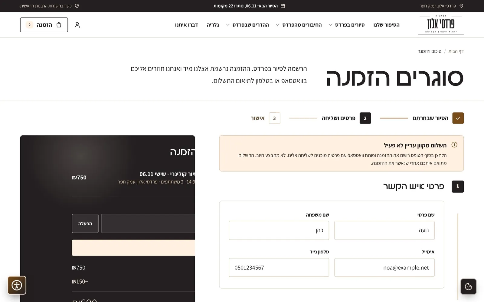 צילום מסך: מסך סגירת ההזמנה במחשב.