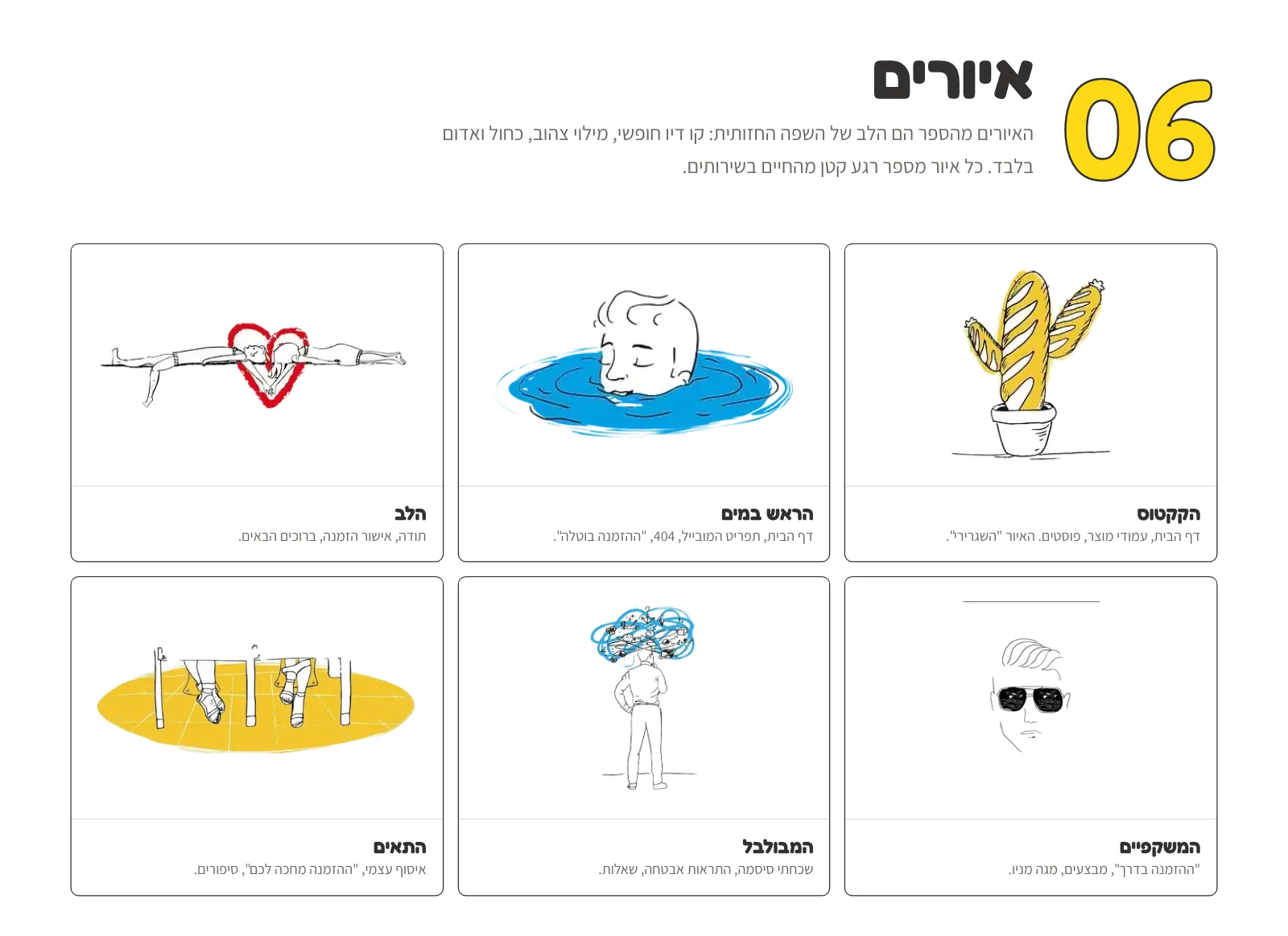 ששת האיורים של ספר הקקי הגדול – לב, ראש במים, קקטוס, תאים, מבולבל ומשקפיים