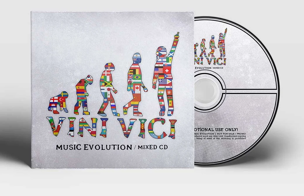 עטיפת התקליטור Music Evolution של VINI VICI עם דמויות האבולוציה המלאות בדגלי העולם
