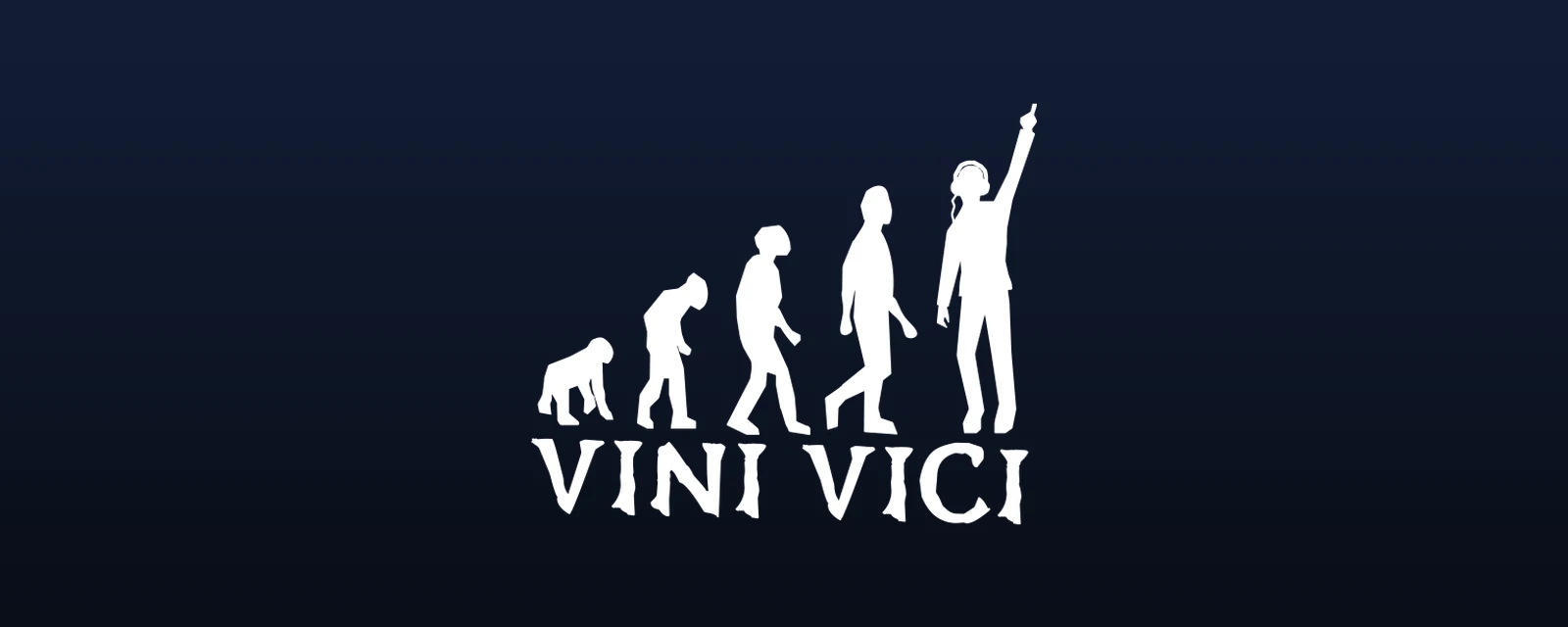 הלוגו הלבן של VINI VICI - דמויות אבולוציה מקוף ועד אדם עם יד באוויר