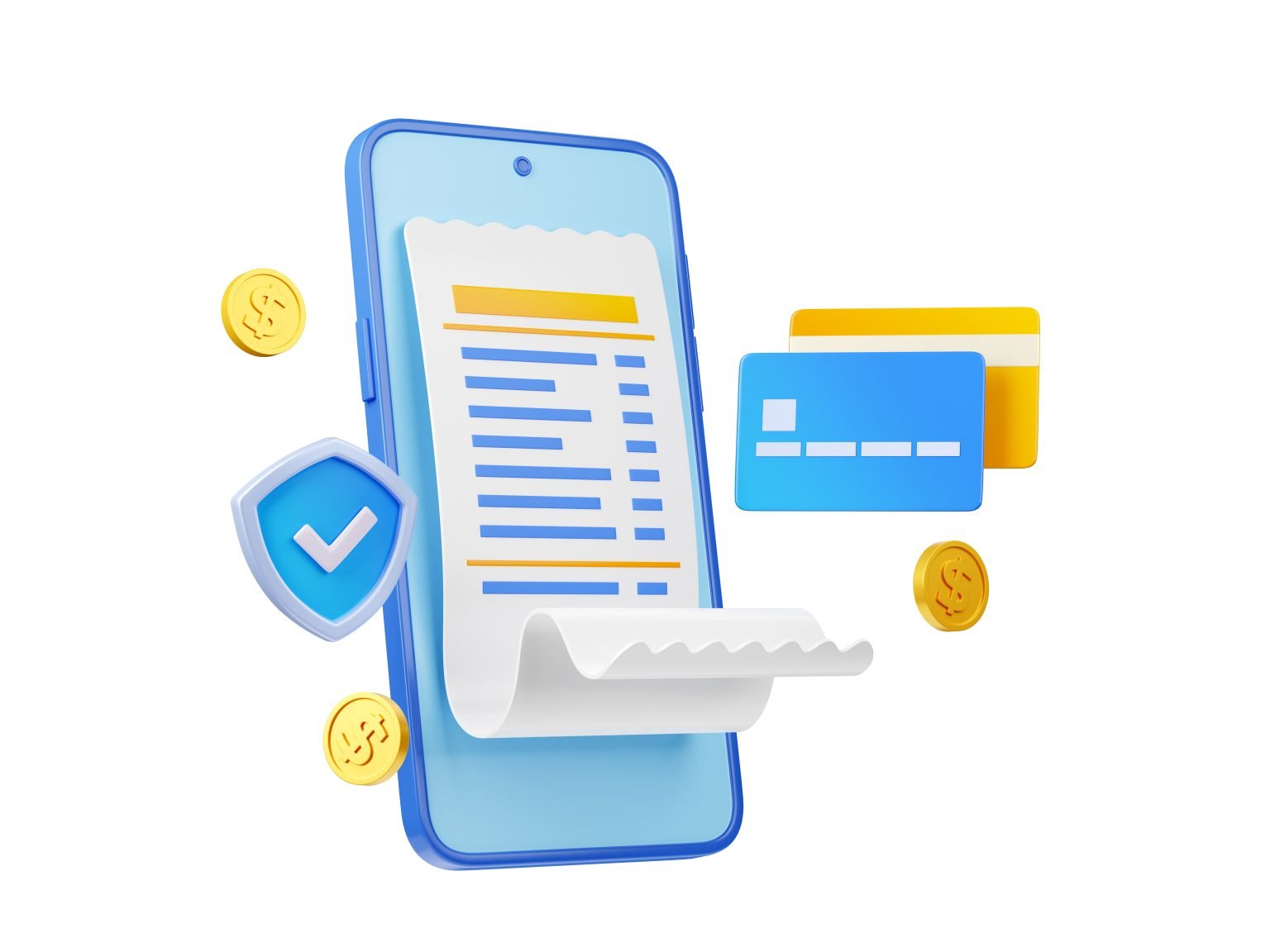 Online payment security concept, 3d phone and bill